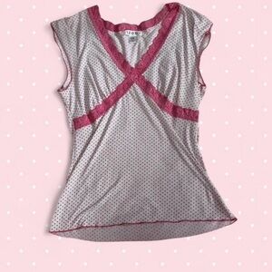 white and pink polka dot lace tank top